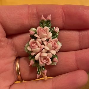 Vintage pink rose ceramic brooch pin